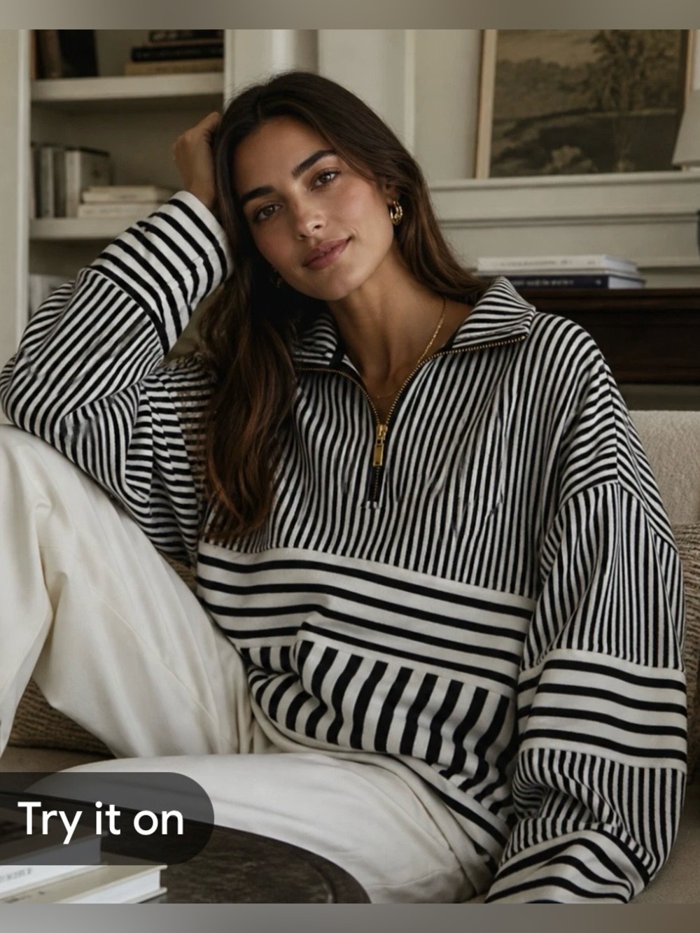 Crown & Ivy Women’s XXL black and white striped quarter-zip